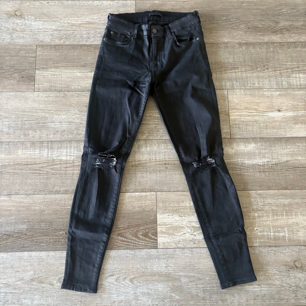 7 For All Mankind Jeans Womens 27x28 Black‎ Coated Skinny Distressed Grunge